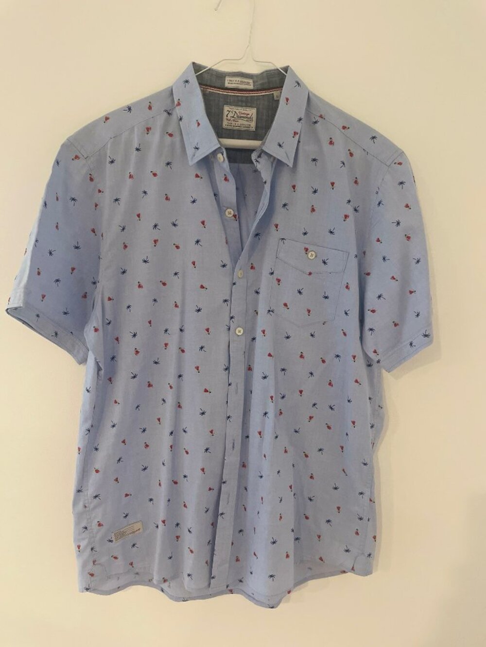 7 Diamonds Vintage Mens s/s shirt L Light blue with Hula girls/palm tree print
